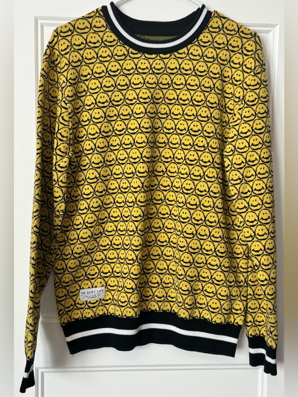 The Quiet Life Smiley Face Knit Sweater Men's M Yellow Black Graphic Streetwear